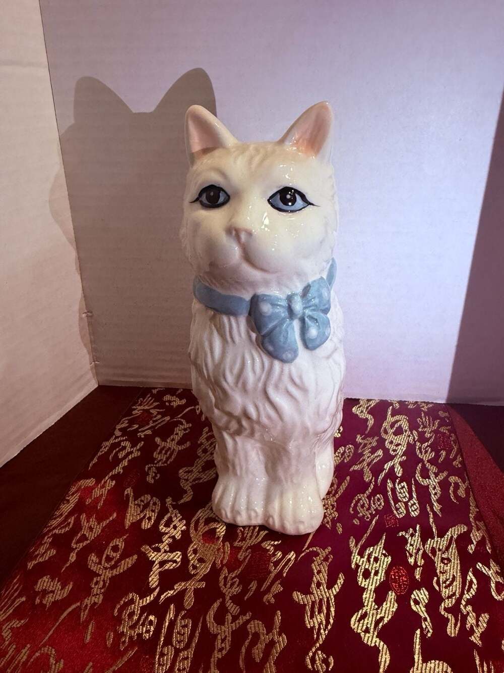 Vintage Ceramic White Cat Figurine with Blue Polka Dot Bow